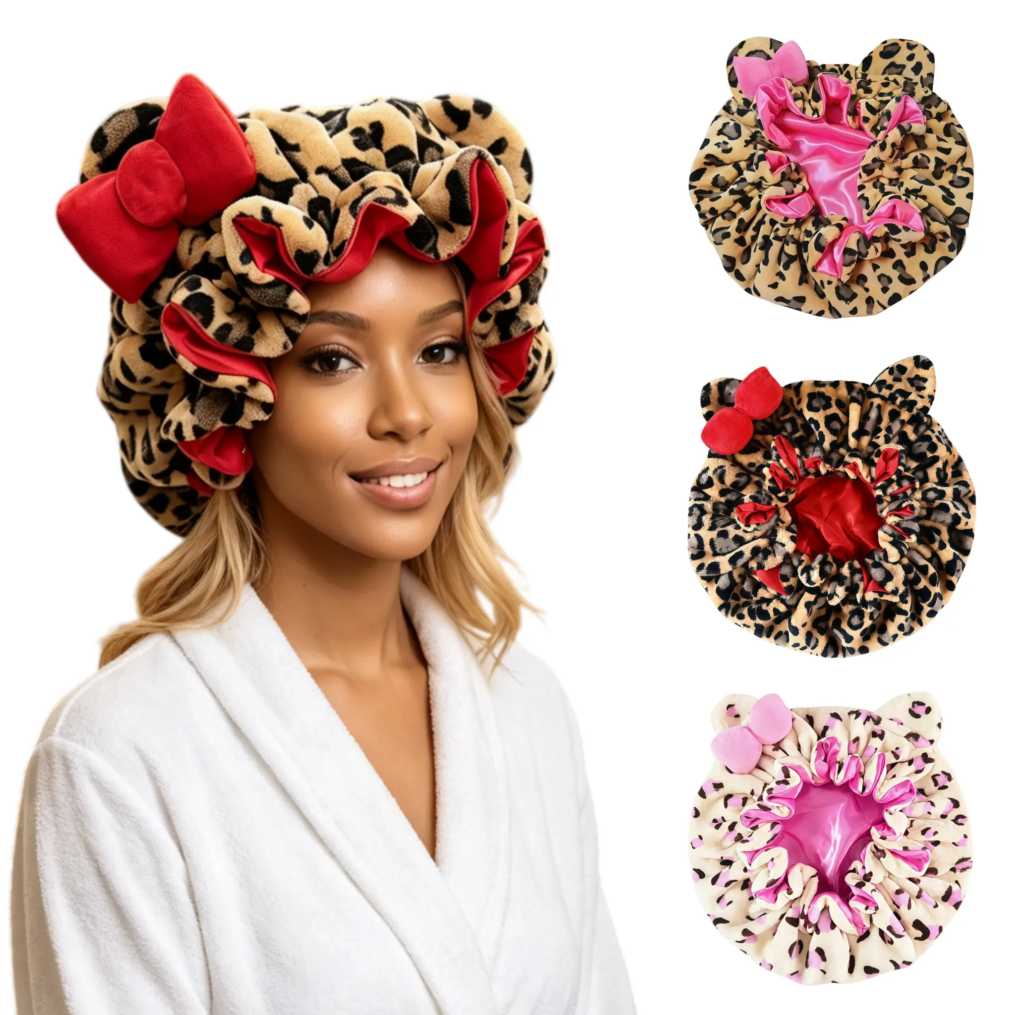 Women's Hooded Teddy Sleeping Bonnet - Pink Leopard Print, Double Layer Plush+Satin, Extra Large Water-Resistant Cap with Stretch Band for Adult Curly Hair Care (Sports & Outdoor Hat)