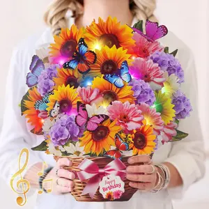 Birthday Cards with MUSIC & LIGHTS Pop Up Happy Birthday Card Sunflower & Butterfly 10 Inch Life Sized Forever Flower Bouquet Gifts for Women Mom Grandma