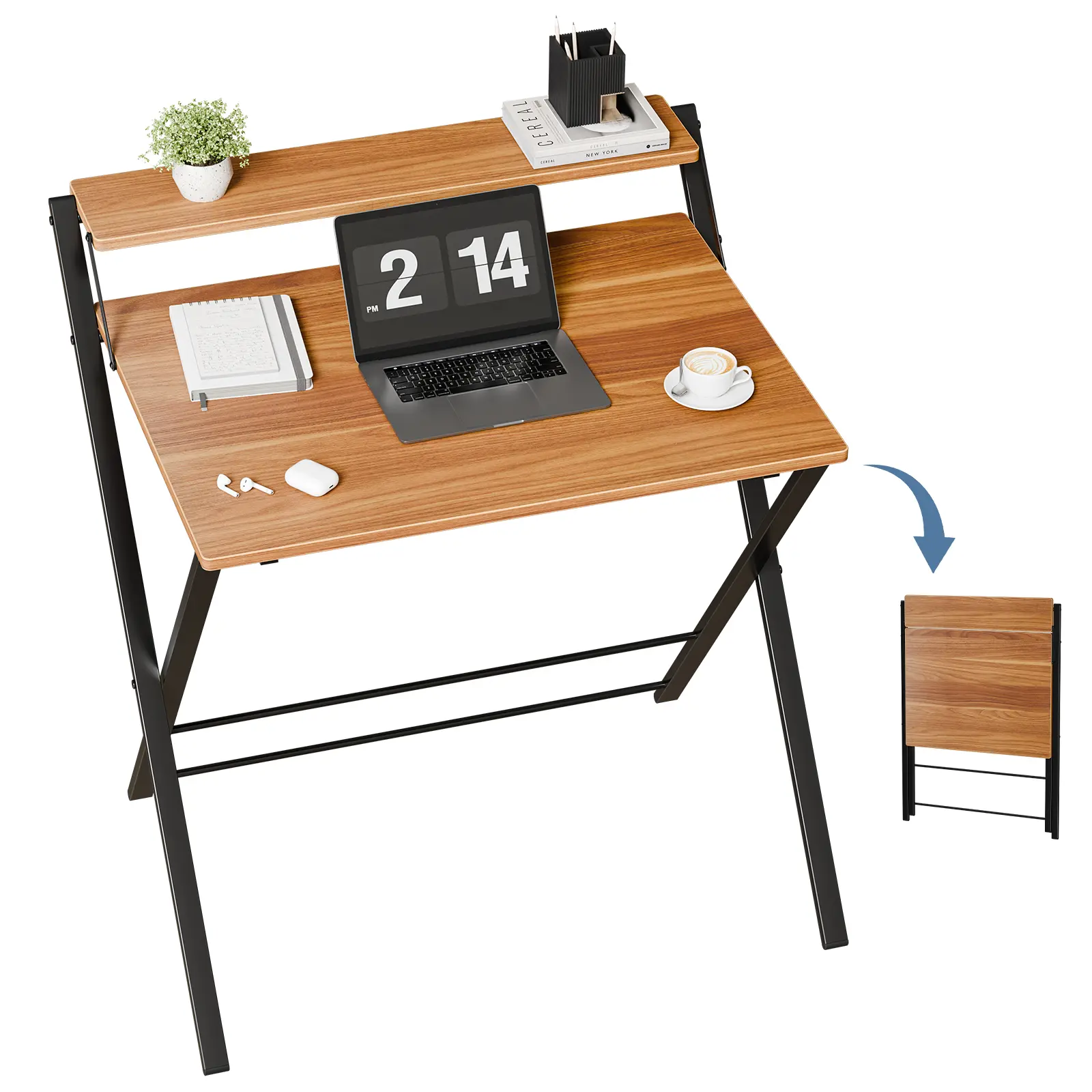 Folding Desk with Shelf, No Assembly Computer Desk, Small Space Foldable Desk with Shelf Saves Space for Bedroom, Office and Dorm Use