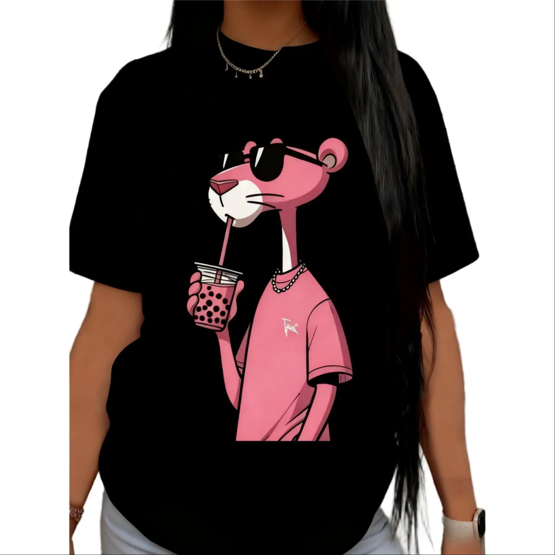 Fashionable And Casual Crew Neck Pink Panther T-shirt-- Knitted Crew Neck Fabric Printed Women's T-shirt--lightweight And Breathable, It's an essential item for your wardrobe all four seasons!