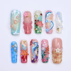 Summer Press on Nails with Dolphin Seahorse 3D Beach for Holiday Vacation Birthday