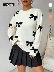 Women's Bow Graphic Print Drop Shoulder Fitted Sweater, Casual Long Sleeve Round Neck Jumper for Fall & Winter, Fashion Feminine Ladies' Knitwear for Daily Wear, Tops