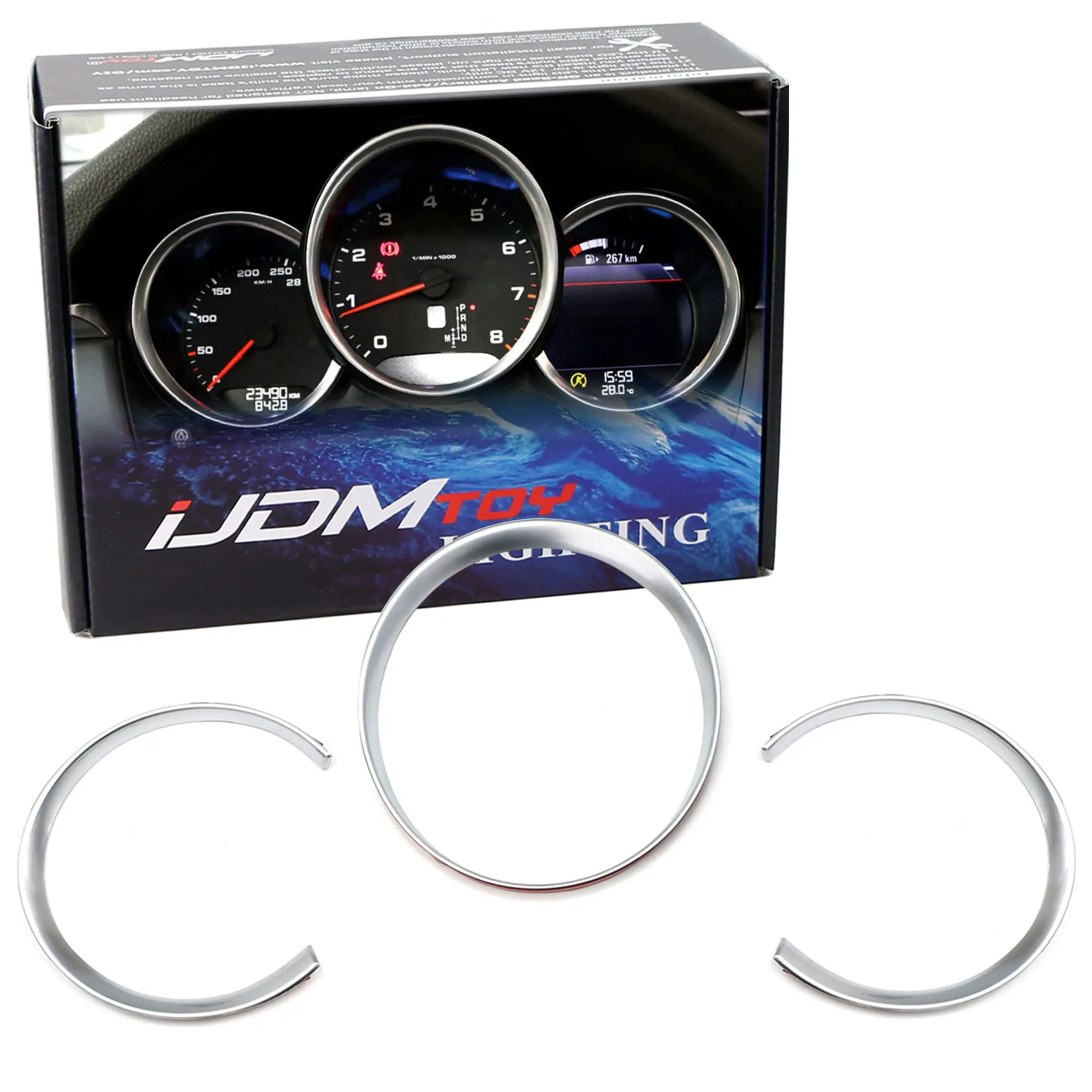 iJDMTOY 3pc Matte Silver Finish Dashboard Gauge Surrrounding Ring Decoration Trim Kit For 2014-2022 Porsche Macan