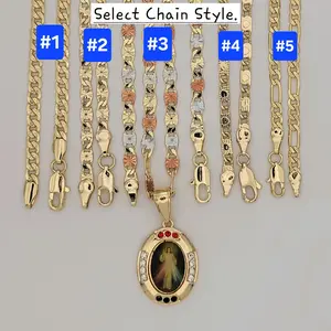 Divine Mercy Pendant Select Chain link Style  24 & 18 Inches 4 Millimeters Laminated Gold Jewerly Necklace SKU :  KP16