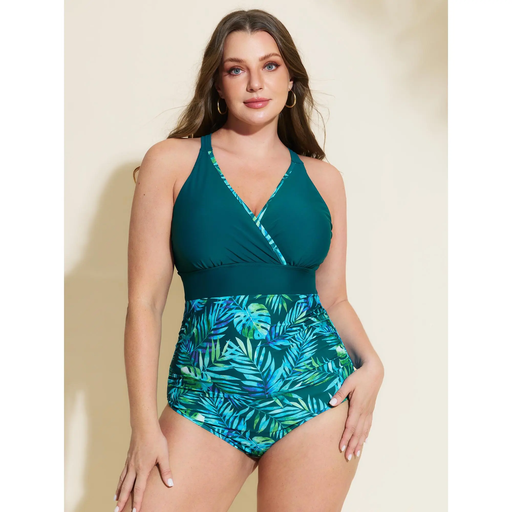 BLOOMCHIC Womens Plus Size Tropical Print Contrast One-Piece Swim [M-6X] ,Summerfinds