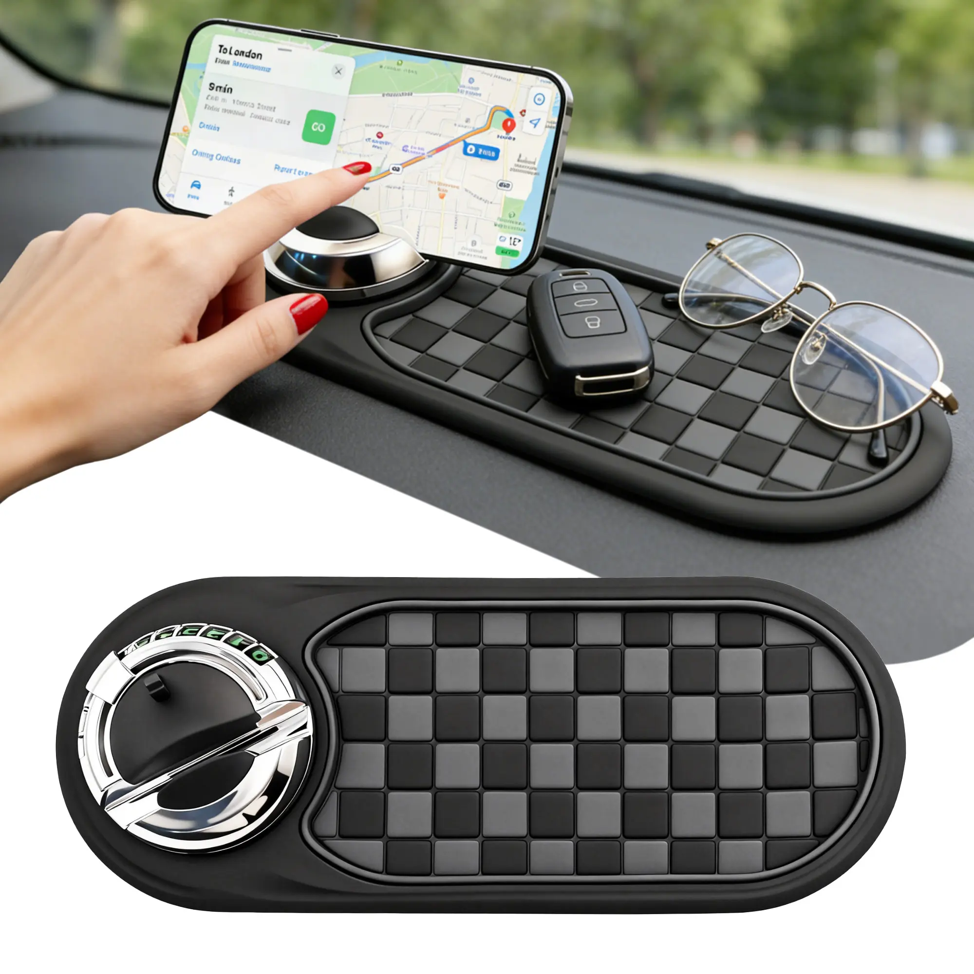 Multifunctional Car Anti-Slip Dashboard Mat with 360 Rotatable Phone Holder, Stable Navigation Mount & Built-In Storage Tray, Holds Keys, Sunglasses, Coins & All Small Daily Essentials, Universal Auto Anti-Slip Organizer Pad For All Vehicles, Adjustable P