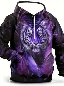 Men's Tiger Print Hoodie, Casual Fitted Design, Durable Polyester Fabric, Cosmic Inspired Style with Pockets, Graphic Print Hoodie
