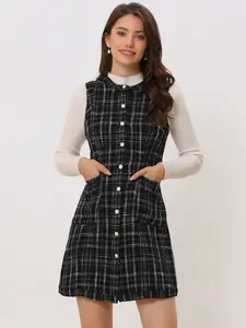 INSPIRE CHIC Women's Vintage Pinafore Dress Round Neck Button Down Pockets Sleeveless Plaid Tweed Dress with Belt Black