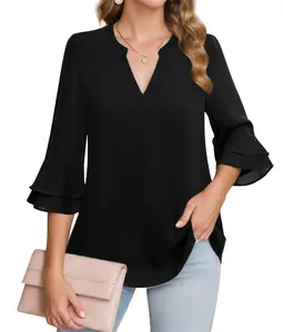 ZEAGOO Womens Tops Dressy Casual 3/4 Tiered Bell Sleeve Blouses Double Layered Chiffon Work Tunic Shirts