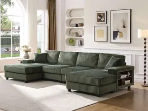 Convertible U-shaped Combination Sofa Corduroy Fabric Modern Comfortable Large Size 4 Seat Sofa Living Room Double Lounge Chair Green