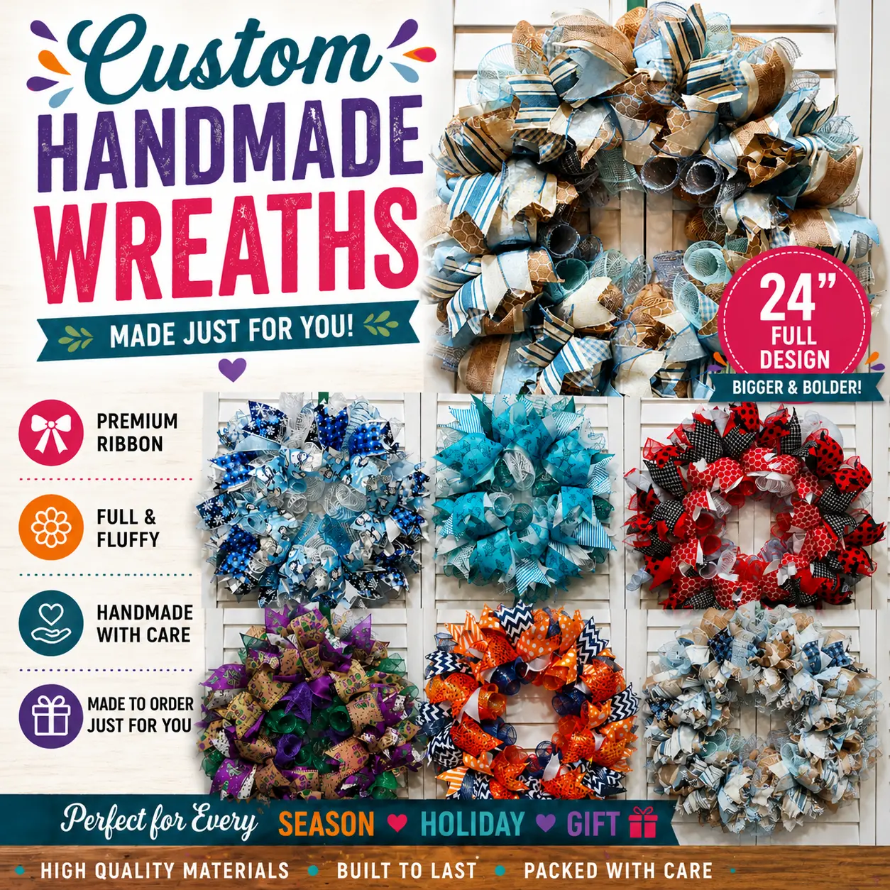Custom Handmade 24" Wreath | Personalized Front Door Decor | Seasonal, Holiday & Everyday Wreath | Made to Order