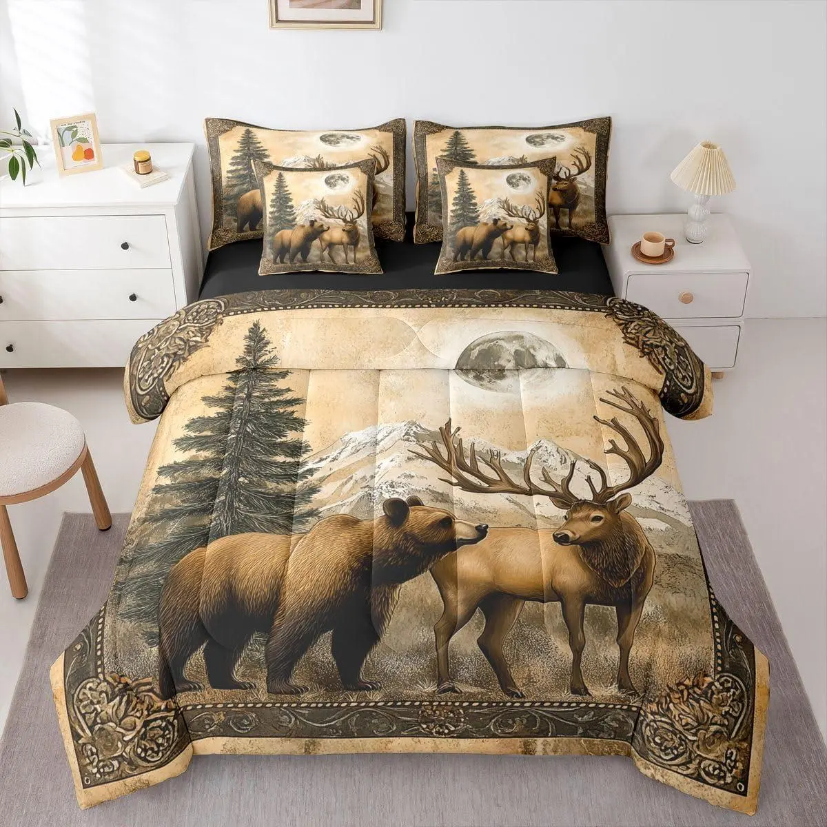 Wild Animal 7 Pcs Bedding Set Wildlife Deer Bear Comforter Set with Sheets Rustic Farmstyle Bed in A Bag Western Farmhouse Theme Jungle Hunting Bedroom Decor