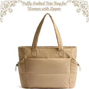 Puffy Quilted Tote Bag for Women with Zipper, Lightweight Puffer Work Bag, Large Travel Shoulder Handbag for Teacher, Nurse & Everyday Use – Mother’s Day Gift