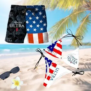Matching Michelob ULTRA Couple Swimsuits Set, Bikini & Mens Beach Shorts, Summer Vacation Hawaiian Outfit, His and Hers Swimwear Gift
