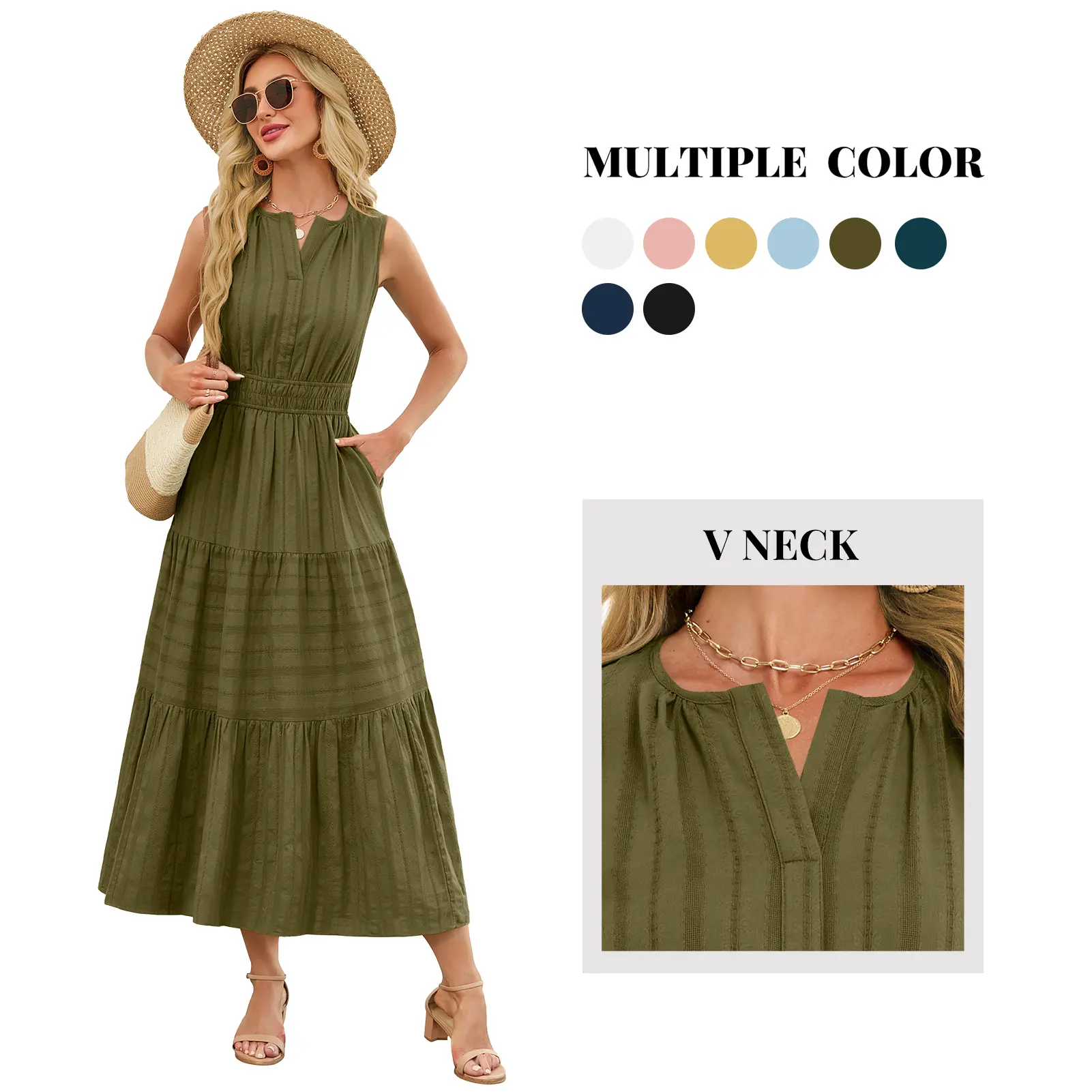 Women's Soft Drape Basic Summer Solid A-Line Midi Dress - Modest V-Neck, Sleeveless, with Pockets for Wedding Guest, Beach Wear, Sohochic Fabric, Piece, Side Pockets