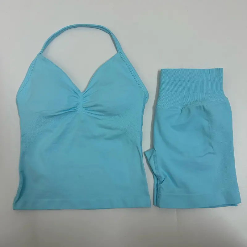 Women's Yoga Set - 2 Pieces Seamless Longline Strappy Tank Top & Scrunch Sports Shorts - Acrylic Nylon Blend - True to Size - Gym & Summer Workout Outfit - Athleisure Wear Women's Yoga Set - 2 Pieces Seamless Longline Strappy Tank Top & Scrunch Sports Shorts - Acrylic Nylon Blend - True to Size - Gym & Summer Workout Outfit - Athleisure Wear