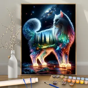 1 Pc Shimmering Cat - 16×20 Inches - Frameless - DIY Paint by Numbers Kit for Beginners - Acrylic Painting Set - Handmade Art Craft - Perfect for Home Wall Decoration & Gifts - Frame Not Included