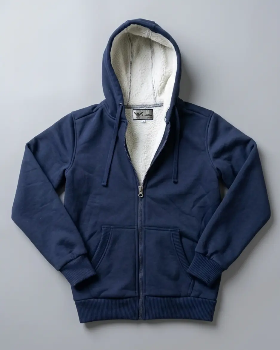 Sherpa Lined Zip-Up Hoodie - Navy Blue