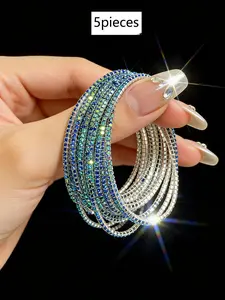 5 Full Diamond Sparkling Sky Blue Colorful Ultra fine Elastic Water Diamond Bracelets, Fashionable Women's Stacked Tennis Chain Bracelet, Stackable Bracelets