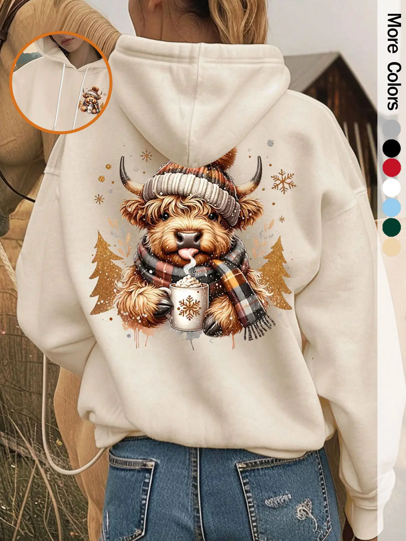 Women's Casual Loose Fit Hoodie, Fall & Winter Animal Print Letter Cartoon Cow Design, Comfortable Daily Wear