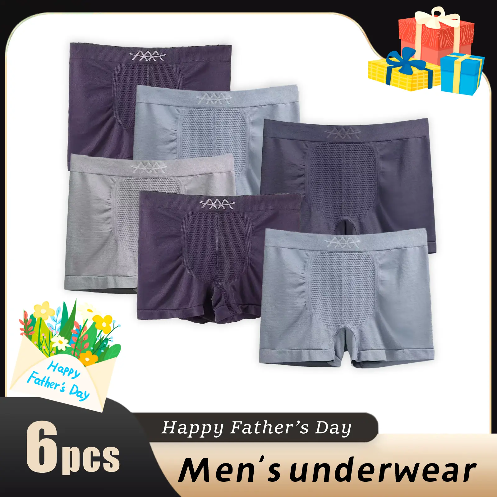 Men's Cotton Breathable Underwear Boxers, 6-Pieces Stylish Letter Print Solid Shorts, Classic Regular Fit Comfortable Smooth All-Season Sports Underwear Set