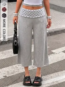 Women's Retro Polka Dot Capri Pants, Soft Stretchy Fabric, Loose Fit Seven-Eighths Wide Leg, Summer Style Everyday Casual Wear, Daily Comfortable
