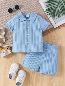 Boys' Light Blue Striped Two-Piece Set, Includes Collared Short Sleeve Cardigan and Elastic Waist Shorts, Soft Breathable, Casual Daily Wear, Clothes Kids
