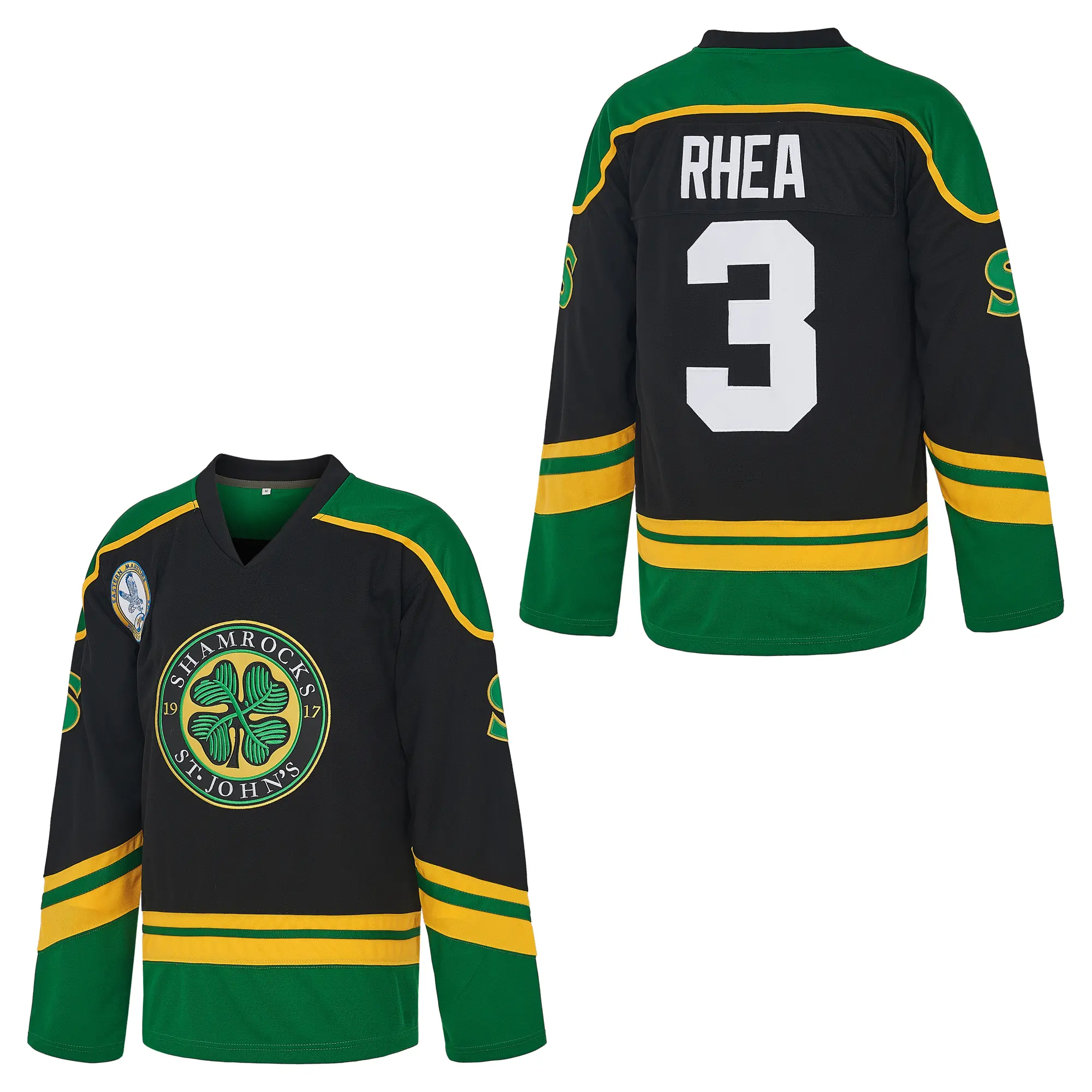 The BOSS #3 Ross Rhea ST John's Shamrocks Hockey Jersey with EMHL Patch Comfortable Athletic Sports Outdoors Football Team Polyester Athleisure Street