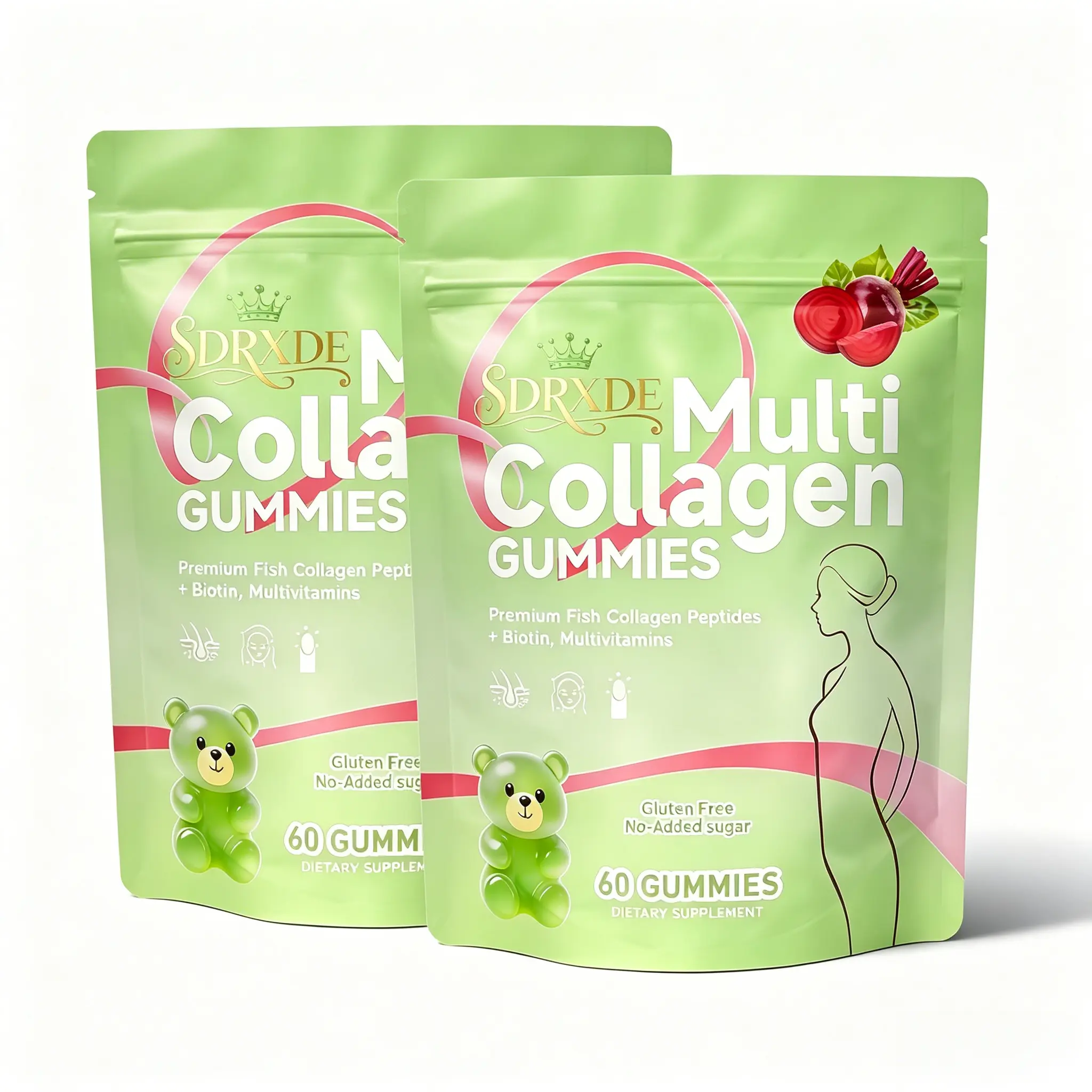 SDRXDE Women's Chewable Multi Collagen Gummies (60 Count) - Sugar Free Beauty & Skincare Dietary Supplement with Premium Natural Fish Collagen Peptides, Biotin, Multivitamins, Beetroot, Gut Cleanse, Gut Support