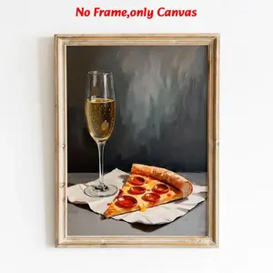 1 pc, wall art, modern poster, Artistic champagne and pizza canvas print, Artwork, dignified, focused, quirky, funny, whimsical, cocktail art bar cart decor, oil painting gift, kitchen wall, housewarming gift, dining room decor, kitchen decor, unframed