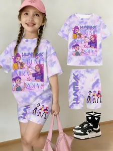 Girls' Summer Kpop Demon Hunters Series T-Shirt Shorts Set, Huntrix Character Dye Cartoon Print, Casual Streetwear Gift