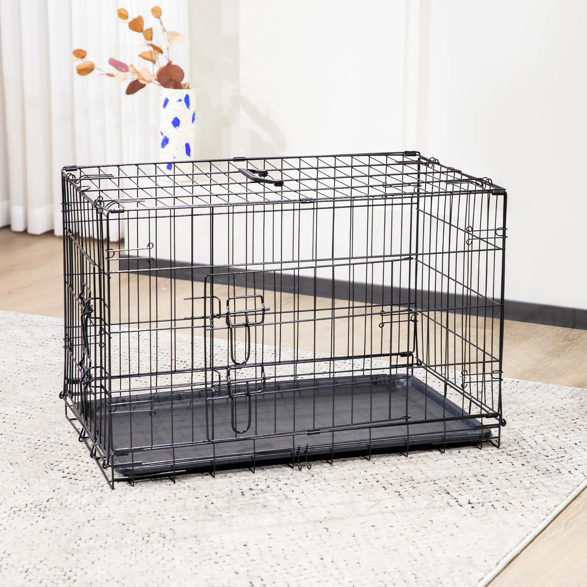 PetTrove Large Dog Crate with Divider Panel, 24''/30''/36''/42''/48'' Double Door Folding Metal Wire Dog Cage with Plastic Leak-Proof Pan Tray, Pet Ke