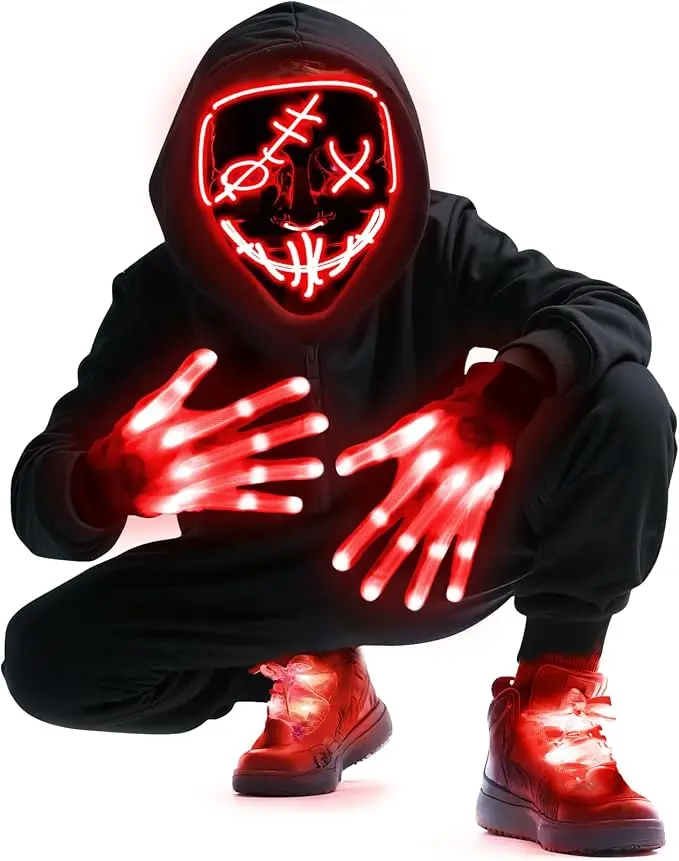 3 Set Halloween  LED Mask Gloves Shoelaces, Adults Light up Mask Glow Gloves and Shoelaces, Halloween Cosplay Party Costume and Trick-or-Treating