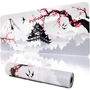 Japanese Cherry Blossom Gaming Mouse Pad 24x14in Pink Full Desk Japanese Sakura Gaming Mouse Pad Large Non-Slip Rubber Base Waterproof Big Keyboard Mat with Stitched Edges for Gaming Office
