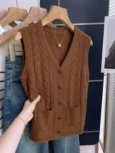 Women's Linen Pattern V-Neck Button Knit Vest, Sleeveless Pocket Tops, Casual College Style Button Knitted Back Vest