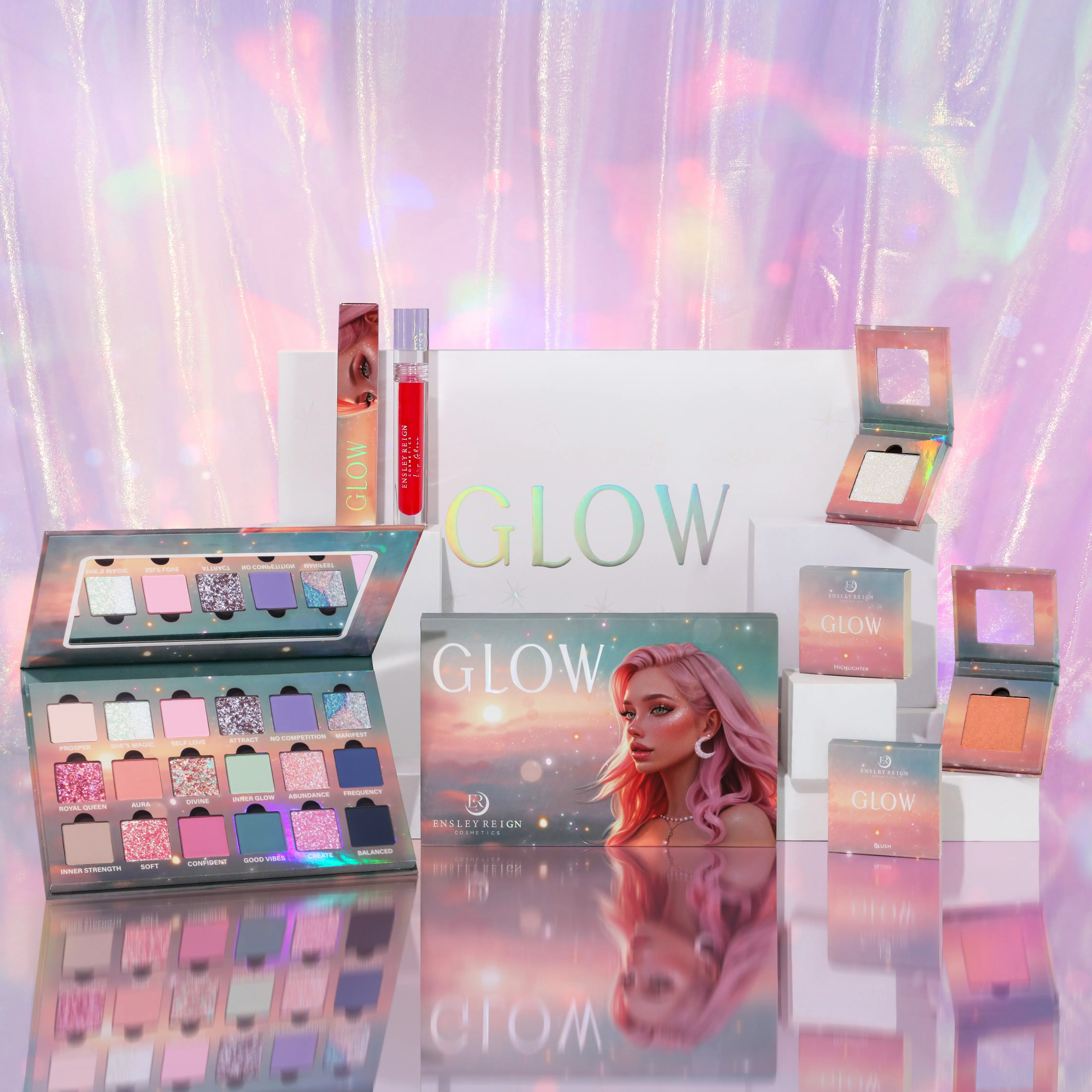 Glow Collector's Set Iridecent Eyeshadow Palette Glowy Makeup Set with 18-pan Mix Mattes Multichromes Sheer Sparkle Blush Highlighter Lip Gloss