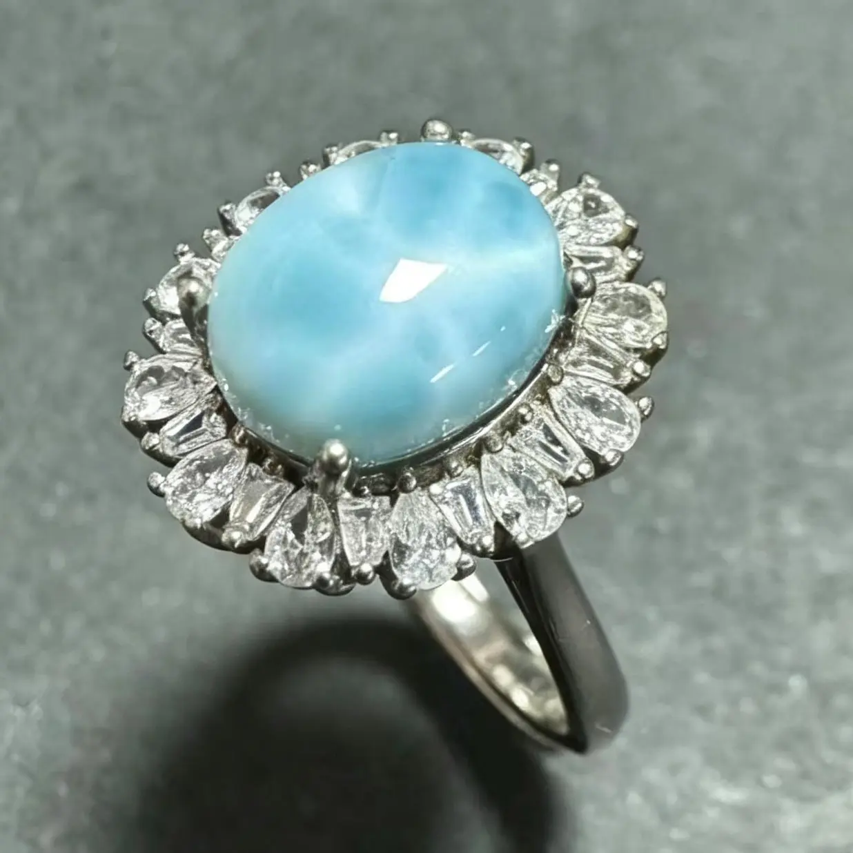 Natural Larimar 925 Silver Unisex Adult Halo Statement Ring, 11×9mm Dominican Republic Crystal, Adjustable Open Band, Adults