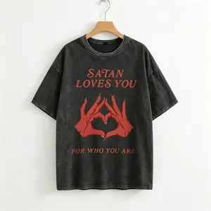 Men's T-Shirt Retro Edgy "Satan Loves You" Graphic Print Loose Fit Short Sleeved Top y2k Vintage Streetwear Christmas Thanksgiving Gift Cyber Monday - Distressed