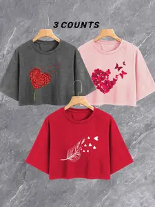 Women's Heart & Feather Print Crop Tee, Casual Short Sleeve Round Neck T-shirt for Summer, Ladies Clothes for Daily Wear