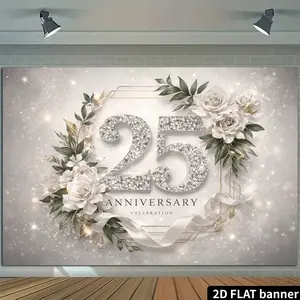2D Flat Banner Polyester Photography Backdrop, HD Digitally Printed with a 25th Anniversary Celebration theme, featuring silver glitter "25", white roses, botanical leaves, gold accents, and sparkling background, soft lightweight