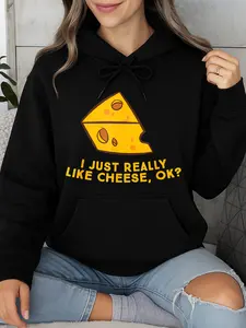 Women's Cotton Breathable Minimalist Cheese Lover Solid Hoodie - Black, Long Sleeve Cozy Fleece, Winter Casual Tops, Personalized, USA-Made, Versatile Sweatshirts