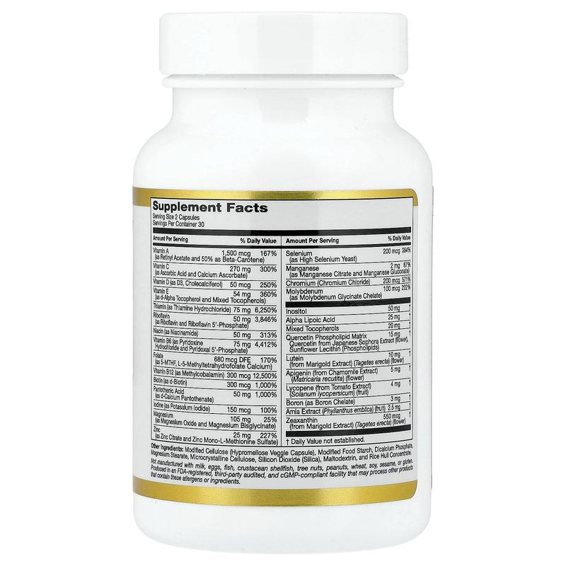 California Gold Nutrition Multivitamin and Mineral with Methyl B12, Vitamin C, L-MethylFolate and Bio-Quercetin, Two-A-Day, 60 Veggie Capsules