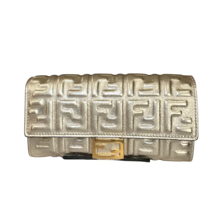 Pre-owned FENDI Leather Small Leather Goods Zucca Baguette Metallic Gold Silver Continental Long Wallet