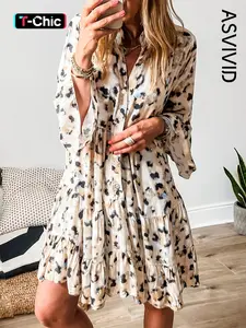 Women's Casual Flowy Feminine Leopard Print Button Front 3/4 Sleeve Tiered Ruffled Hem Dress