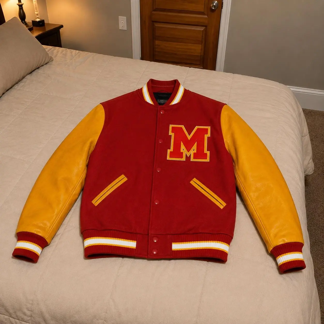 Red & Yellow Letterman Varsity Jacket, M Patch College Bomber Jacket, Halloween Costume Jacket, Unisex Custom Wool Leather Jacket
