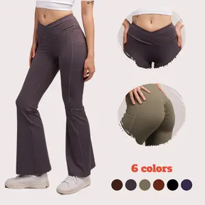 Women High-Waisted Scrunch Butt Flare Leggings Crossover Yoga Pants 78065 - 25% Spandex, Breathable, Casual Style Bottoms Comfort flared brown