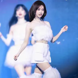 White Fuzzy One-Shoulder Performance Outfit - K-Pop Stage Inspired Dance Costume Set for Women