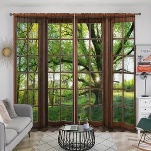 3D Window Forest Landscape Printed Curtain, 2 Counts/set Pole Pocket Hanging Window Curtain, Home Decor for Bedroom, Living Room, Dining Room, Study Room, Office
