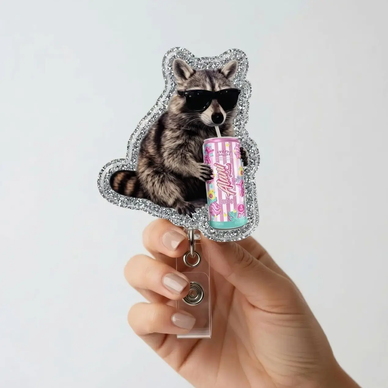 Funny Raccoon Alani Nu Energy Drink Badge Reel, Raccoon Alani Nu Soda Aesthetic Badge Holder, Nurse Badge Reel, Retractable ID Holder, Funny Work Gift