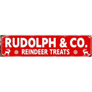 Decorative Tin Signs 16 * 4 Inches "Rudolph & Co Reindeer Treats" Christmas Decor, Vintage Room Decor, Outdoor Signs Ideal for Living Room, Patio, Backyard